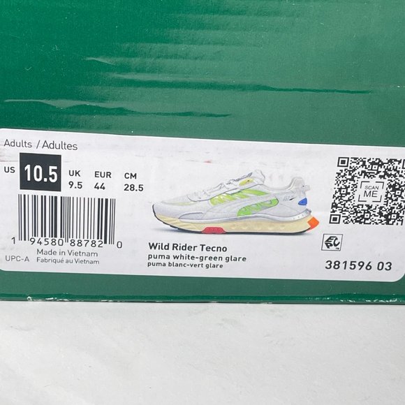 Puma Men\'s Wild Rider Tecno White Green Glare Sneakers Size 10.5 381596-03